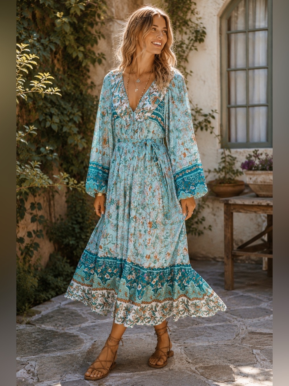 WHO I AM Womens Dress Sz 8 Blue Floral Boho Midi Belted Festival Coastal Cowgirl